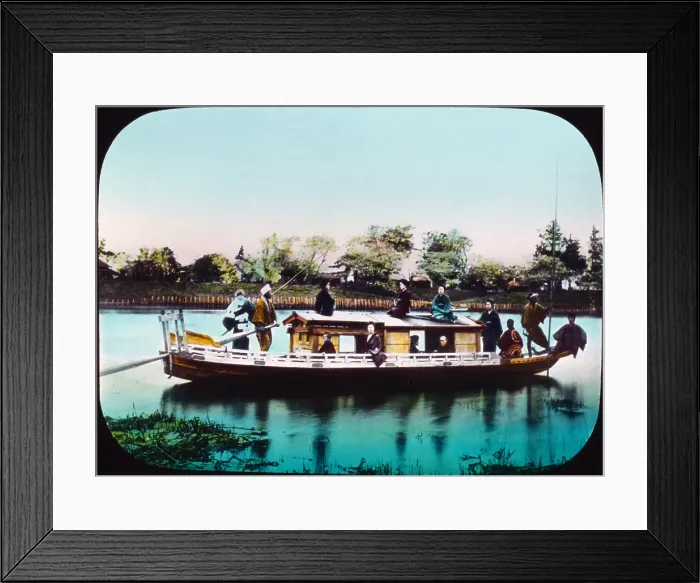 Framed Print : Japan, a houseboat, hand colored lantern slide, photograph by William Henry Jackson, 1895