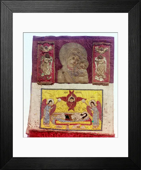 Framed Print : Our Lady of Kazan, crimson damask ribbons embroidered with gold, depicting the Kazan Mother of God, sewn with gold, circa 1600s