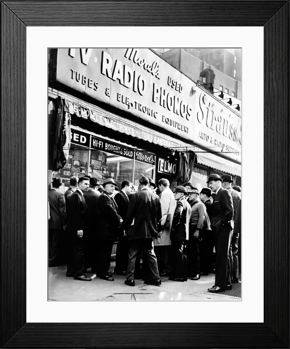Framed Print : Crowd listens outside radio shop at Greenwich and Dey Sts. for news on President Kennedy. Photo by Orlando Fernandez, November 22, 1963