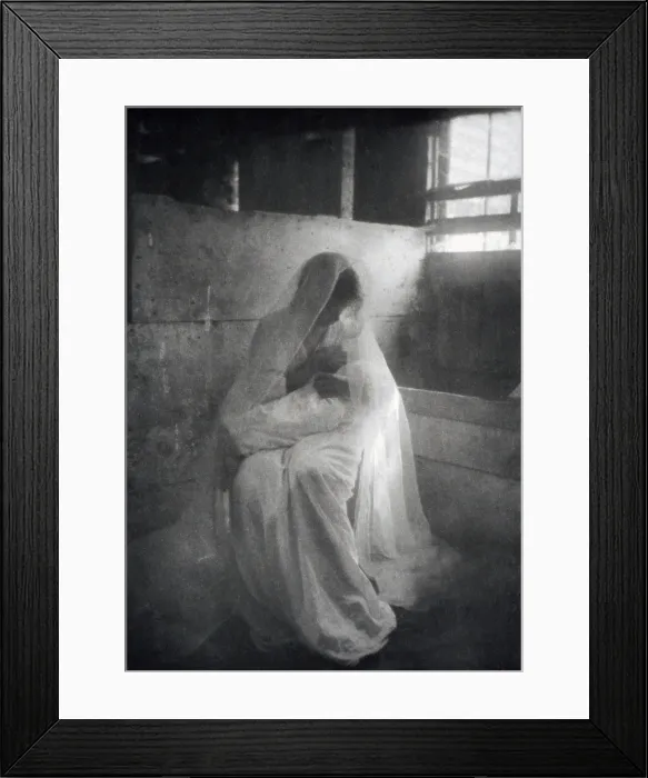 Framed Print : The Manger, by Gertrude Kasebier, shows a woman as the Virgin Mary posed as though breast feeding the baby Jesus, circa 1900 Framed Print : The Manger, by Gertrude Kasebier, shows a woman as the Virgin Mary posed as though breast feeding the baby Jesus, circa 1900