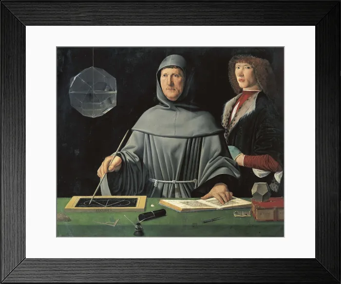 Framed Print : DE BARBARI, Jacopo (half 15th century-1515). Portrait of fra Luca Pacioli with a pupil. Pacioli demonstrating one of Euclid's theorems. Renaissance art. Oil on wood Framed Print : DE BARBARI, Jacopo (half 15th century-1515). Portrait of fra Luca Pacioli with a pupil. Pacioli demonstrating one of Euclid's theorems. Renaissance art. Oil on wood