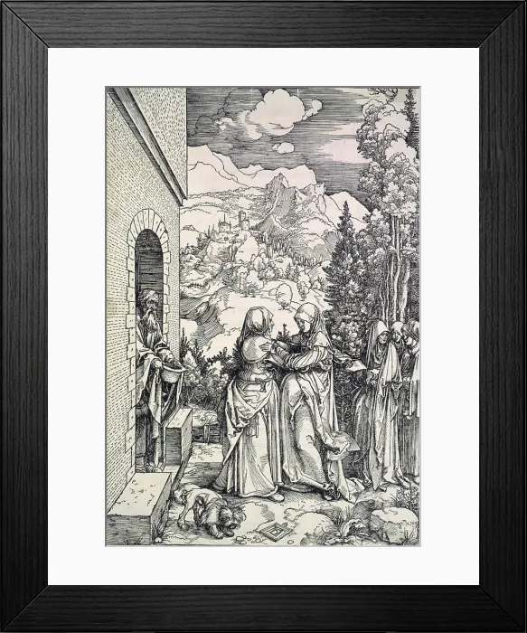 Framed Print : The Visitation, The Virgin and St. Elizabeth greet each other while Zacharias observes, by Albrecht Durer, circa early 1500s