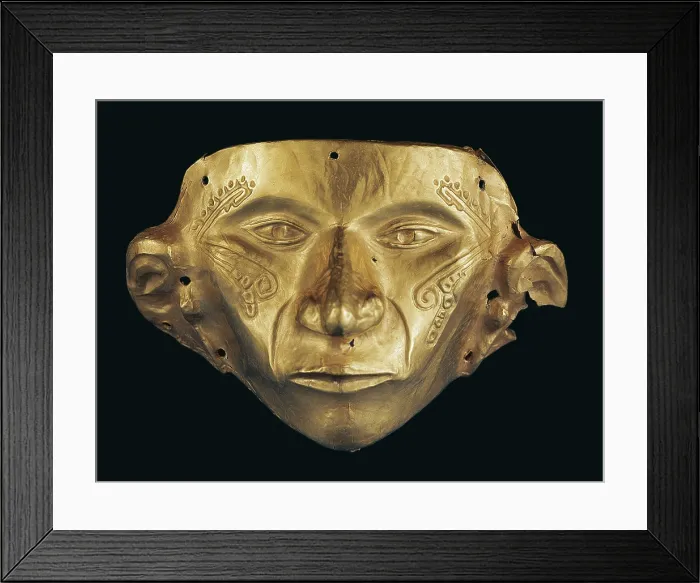 Framed Print : Gold mask. Pre-Columbian art. Jewelry. COLOMBIA. Bogot. Gold Museum. Proc: COLOMBIA. Inza. Archaeological park of Tierradentro. Alto de San Andrs