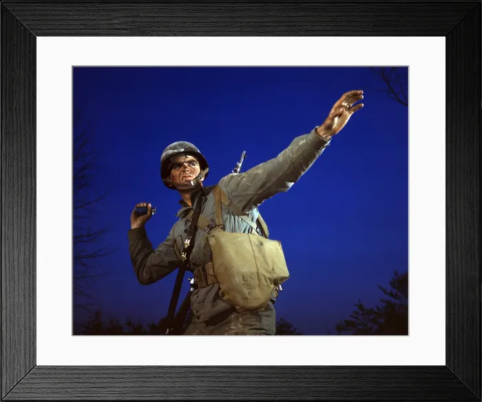 Framed Print : American soldiers make good grenade throwers- an infantryman in training demonstrates grenade throwing, ca. 1942-1945