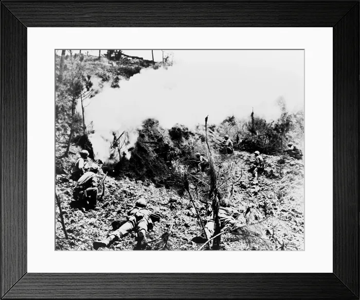 Framed Print : Okinawa. After setting off explosives, Marines wait at entrance to cave in which Japanese soldiers are hiding Framed Print : Okinawa. After setting off explosives, Marines wait at entrance to cave in which Japanese soldiers are hiding