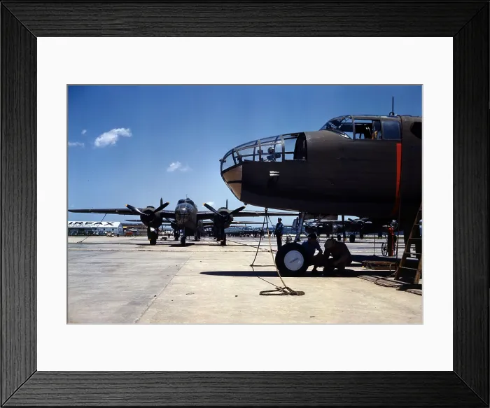 Framed Print : New B-25 bombers lined up for final inspection and tests at the flying field of an aircraft plant, North American Aviation, Inc. California, 1942 Framed Print : New B-25 bombers lined up for final inspection and tests at the flying field of an aircraft plant, North American Aviation, Inc. California, 1942