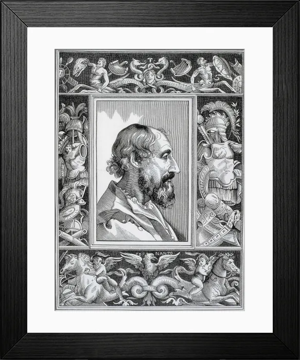 Framed Print : ARIOSTO, Ludovico (1474-1533). Profile image based in a portrait by Titian. Etching. SPAIN. Barcelona. Biblioteca de Catalunya (National Library of Catalonia)