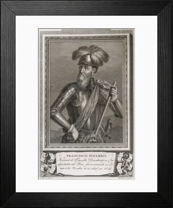 Framed Print : MAEA, Jos (1760-1826); PIZARRO, Francisco (1476-1541). Portrait of Francisco Pizarro drawed by Jose Maea in 1791. Engraving. SPAIN. Madrid. National Library