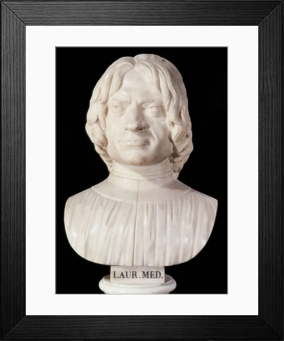 Framed Print : Medici, Lorenzo the Magnificient (1449-1492). Bust (end 15th c.). Renaissance art. Sculpture on marble. ITALY. Florence. Galleria degli Uffizi (Uffizi Gallery)