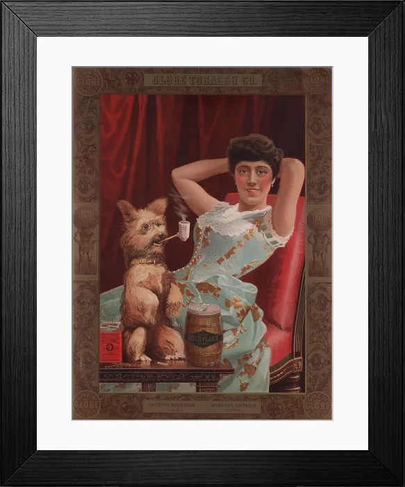 Framed Print : Smoking dog in advertisement for Globe Tobacco Company, Gold Flake Cut Plug chewing tobacco, showing a young woman lounging as a dog wearing glasses smokes a pipe Framed Print : Smoking dog in advertisement for Globe Tobacco Company, Gold Flake Cut Plug chewing tobacco, showing a young woman lounging as a dog wearing glasses smokes a pipe