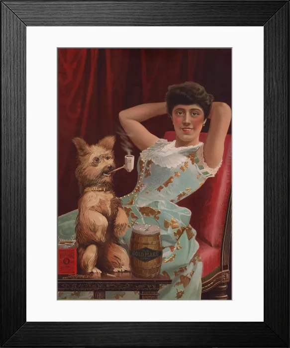 Framed Print : Detail of smoking dog in advertisement for Globe Tobacco Company, Gold Flake Cut Plug chewing tobacco, showing a young woman lounging as a dog wearing glasses smokes a pipe Framed Print : Detail of smoking dog in advertisement for Globe Tobacco Company, Gold Flake Cut Plug chewing tobacco, showing a young woman lounging as a dog wearing glasses smokes a pipe