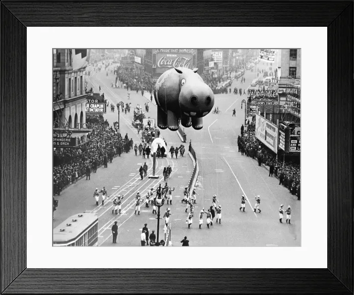Framed Print : New York City, 1940. A hippo balloon floats over Times Square during the Macy's Thanksgiving Day Parade.. Courtesy: CSU Archives / Everett Collection Framed Print : New York City, 1940. A hippo balloon floats over Times Square during the Macy's Thanksgiving Day Parade.. Courtesy: CSU Archives / Everett Collection