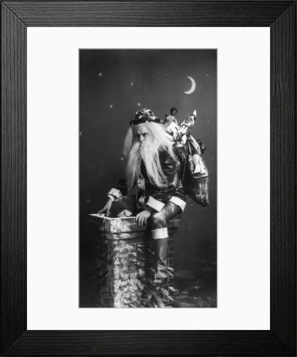 Framed Print : Christmas, caught in the act, Santa Claus on top of chimney, photograph, 1900