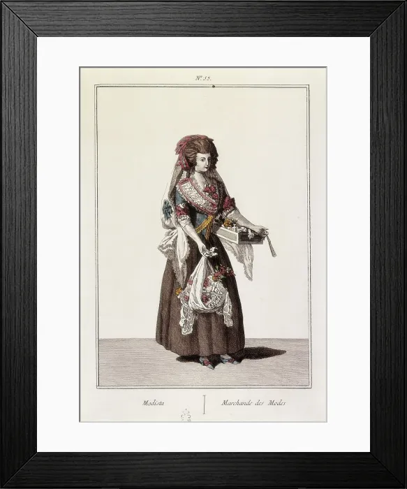 Framed Print : Couturier. Image belonging to the serie 'Collection of suits of Spain' (18th c.). Engraving. SPAIN. Madrid. National Library