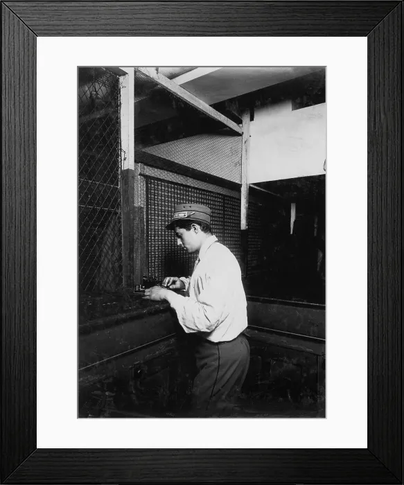 Framed Print : A Postal Telegraph boy learning to send messages during spare moments. Main office, Broadway, New York, photograph by Lewis Wickes Hine, July, 1910