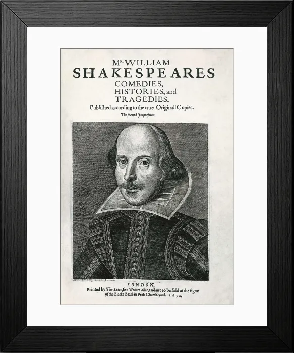 Framed Print : SHAKESPEARE, William (1564-1616). Title page from an edition of 'Comedies, Histories, and Tragedies' by William Shakespeare, publishe din London in 1632. Engraving