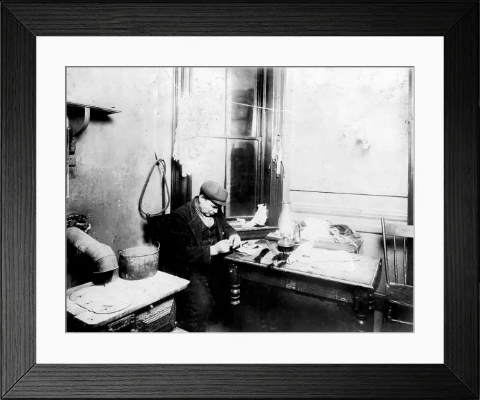 Framed Print : Francesco Forzaro, from caption: 313 E. 107th St. 55 year old man adding to income by making feathers. Can make about one dollar a week