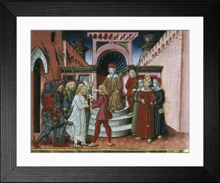 Framed Print : DE PREDIS, Cristoforo (1440-1486). Stories of Saint Joachim, Saint Anne, Virgin Mary, Jesus, the Baptist and the End of the World. 1476. Herodes interrogates Jesus
