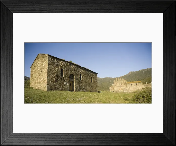 Framed Print : SPAIN. Rabos. Monastery of Sant Quirze de Colera. Benedictine Abbey. 8th-12th c. View of the monastery and the Church of Santa Maria de Colera, from the outside. Romanesque art