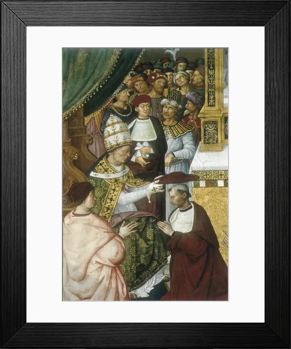 Framed Print : PINTURICCHIOBernardino di Bettocalled Il (1454-1513). Piccolomini Library. Pius II receiving the cardinal virtue. 1502-1508. ITALY. Siena. Cathedral. Detail with the Pope Pius II
