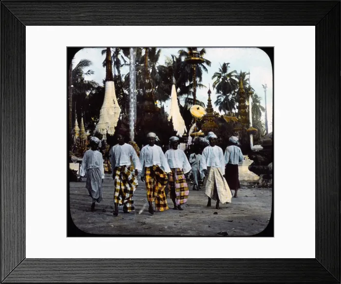 Framed Print : Burma, men walking on street, hand colored lantern slide, photograph by William Henry Jackson, 1895
