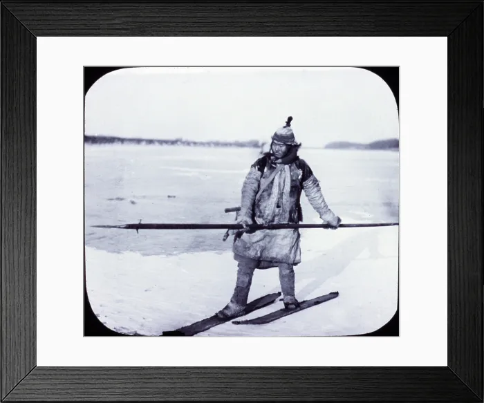 Framed Print : Asia, goldi hunter on skis on ice, lantern slide, photograph by William Henry Jackson, 1895