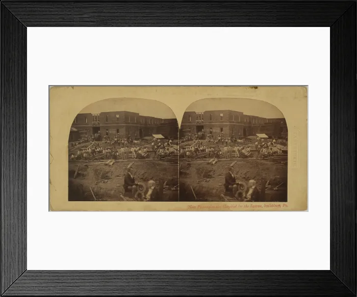 Framed Print : New Pennsylvania Hospital for the Insane, under construction, with many workers posing in foreground, stereo photograph, Pennsylvania, circa 1859