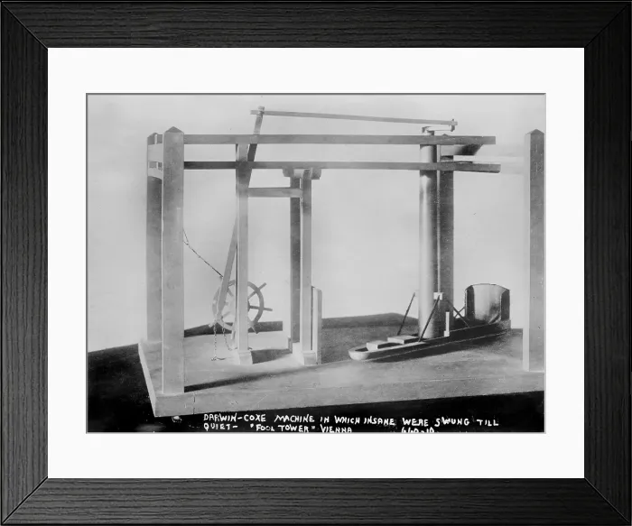 Framed Print : Darwin-Coxe Machine, in which insane were swung until quiet, from Fool's Tower (aka The Narrenturm), home for mental patients, Vienna, Austria, photograph circa 1900-1920s