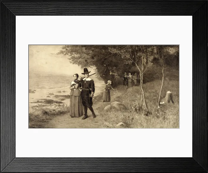 Framed Print : Thanksgiving, Pilgrims holding bibles, circa 1800s Framed Print : Thanksgiving, Pilgrims holding bibles, circa 1800s