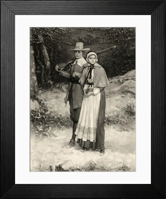 Framed Print : Thanksgiving, print showing a Puritan husband and wife walking through snow on their way to church, he carrying a gun, she a bible or prayer book, by George Henry Boughton, 1885