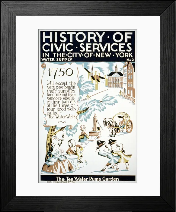 Framed Print : New York City. The tea-water pump garden. Poster for Federal Art Project, showing citizens socializing around water pump in New York in 1750. Screenprint, Vera Bock, artist, 1936