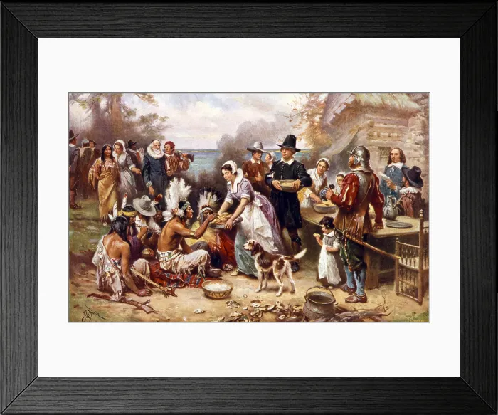 Framed Print : The first Thanksgiving, 1621, Pilgrims and natives gather to share a meal, oil painting by Jean Louis Gerome Ferris, 1932