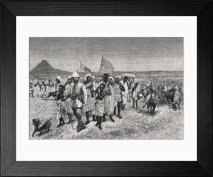 Framed Print : Stanley, Sir Hernry Morton (1841-1904). 'Through the Ounyoro', illustration for the French edition of the work 'Through the Dark Continent'. Etching. FRANCE Framed Print : Stanley, Sir Hernry Morton (1841-1904). 'Through the Ounyoro', illustration for the French edition of the work 'Through the Dark Continent'. Etching. FRANCE