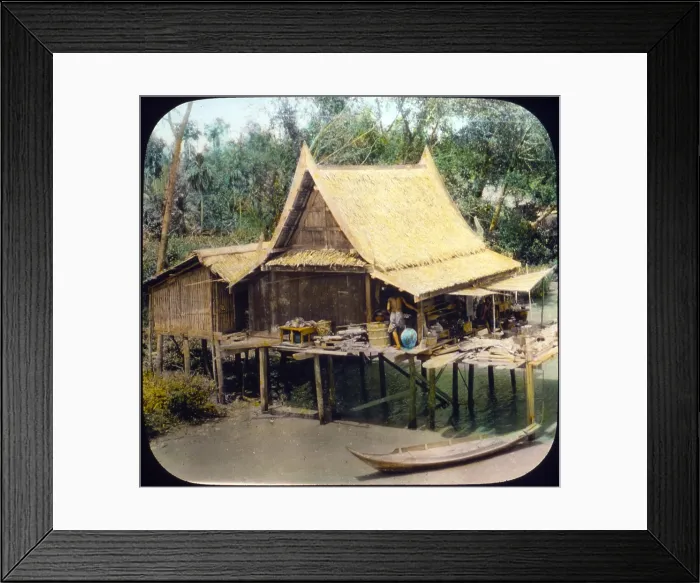 Framed Print : Thailand, home on canal, Bangkok, hand colored lantern slide, photograph by William Henry Jackson, 1895