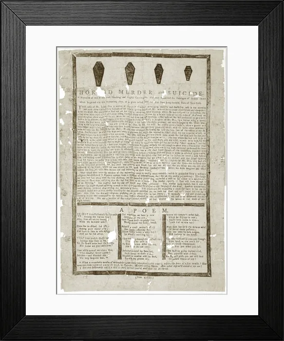 Framed Print : Souvenir of a murder with coffin drawings and poem detailing the events, description of a murder and suicide on September 5, 1801, near Poughkeepsie, New York