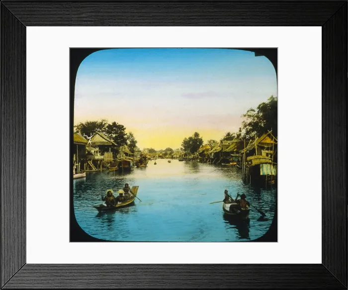 Framed Print : Thailand, looking up river or canal, Bangkok, hand colored lantern slide, photograph by William Henry Jackson, 1895