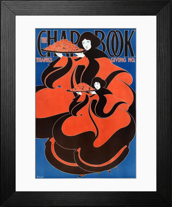 Framed Print : Thanksgiving. The Chap Book Magazine Cover. An art nouveau illustration showing a mother and daughter holding trays of food, by Will H. Bradley, 1895 Framed Print : Thanksgiving. The Chap Book Magazine Cover. An art nouveau illustration showing a mother and daughter holding trays of food, by Will H. Bradley, 1895