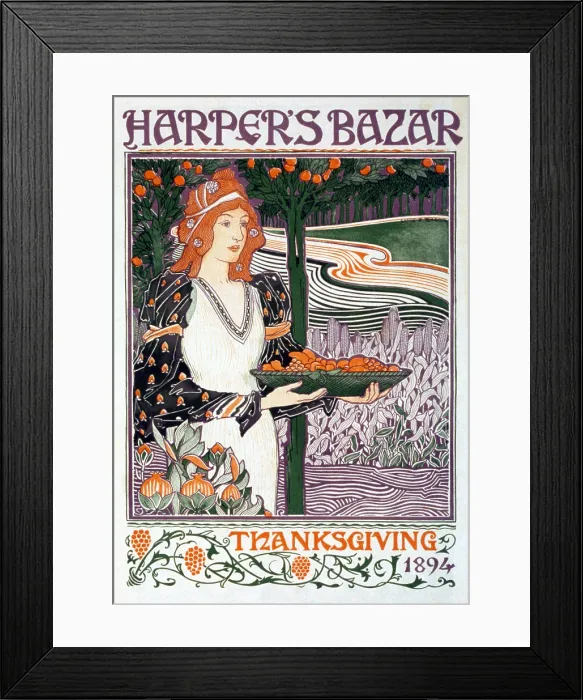 Framed Print : Thanksgiving, Harper's Bazar magazine cover showing a woman holding bowl of fruit, by Louis Rhead, 1894