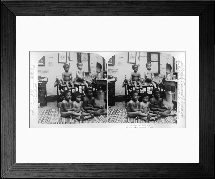 Framed Print : Stereocard with African American children and racist text: All coons look alike to me. by Strohmeyer & Wyman. Underwood & Underwood, New York, 1897 Framed Print : Stereocard with African American children and racist text: All coons look alike to me. by Strohmeyer & Wyman. Underwood & Underwood, New York, 1897