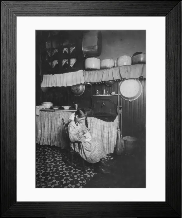 Framed Print : Child labor, original caption: Carmela Picciano, 311 E. 149th Street, 3rd floor rear. 12 years old. Making Irish lace for collars. Works until 9 P.M. sometimes