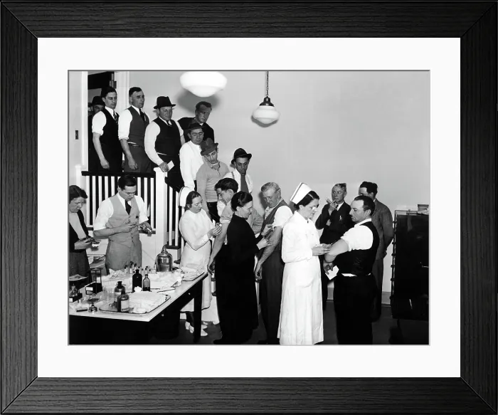 Framed Print : VACCINATIONS-Emergency workers being innoculated against typhoid fever at the Municipal building in Hartford, CT. 3-22-36. Courtesy: CSU Archives / Everett Collection Framed Print : VACCINATIONS-Emergency workers being innoculated against typhoid fever at the Municipal building in Hartford, CT. 3-22-36. Courtesy: CSU Archives / Everett Collection