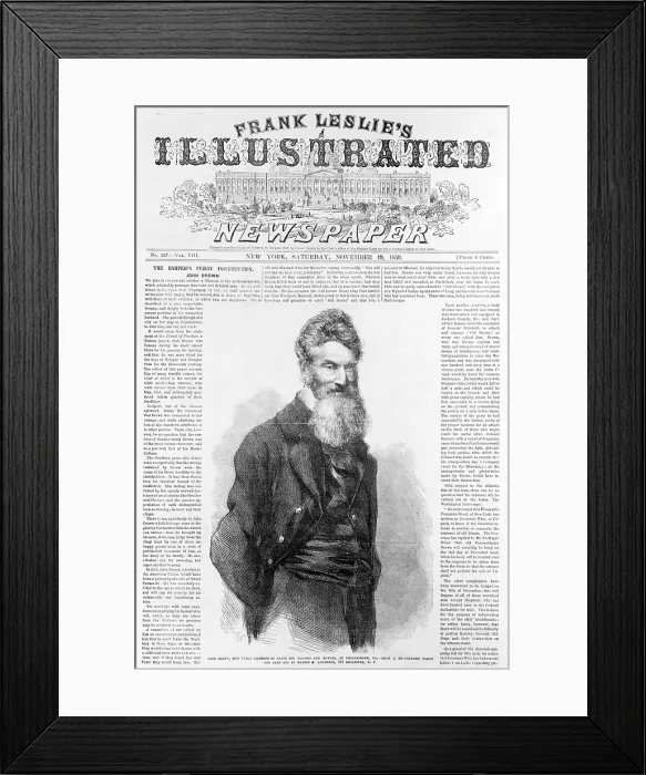 Framed Print : John Brown. Front page of Frank Leslie's illustrated newspaper with picture of John Brown, woodcut based on photograph, 1859 Framed Print : John Brown. Front page of Frank Leslie's illustrated newspaper with picture of John Brown, woodcut based on photograph, 1859