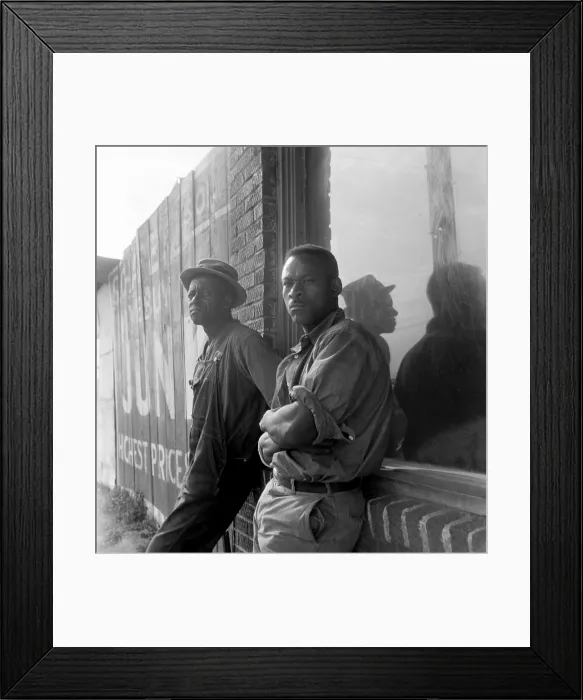 Framed Print : African American seasonal cotton workers waiting in hopes of being hired for a day of chopping cotton, field work hoeing out weeds