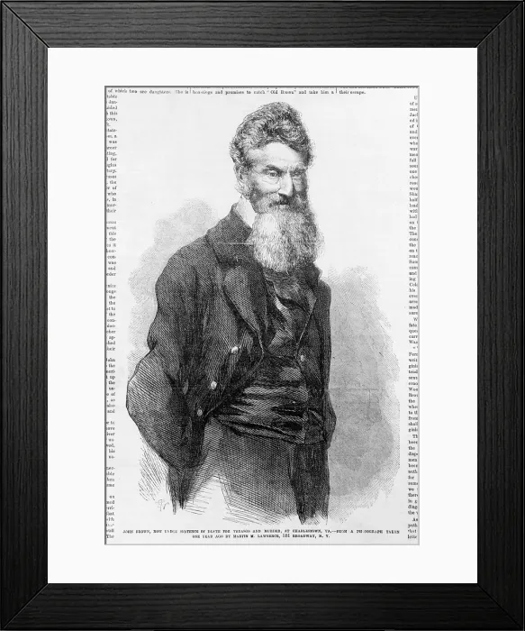 Framed Print : John Brown. Detail of front page of Frank Leslie's illustrated newspaper with picture of John Brown, woodcut based on photograph, 1859