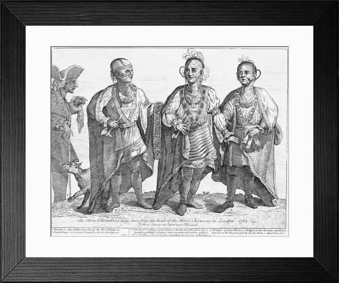 Framed Print : Cherokee Tribe. Three Cherokees Came Over from the Head of the River Savannah to London Austenaco (second from right), copperplate engraving, 1762