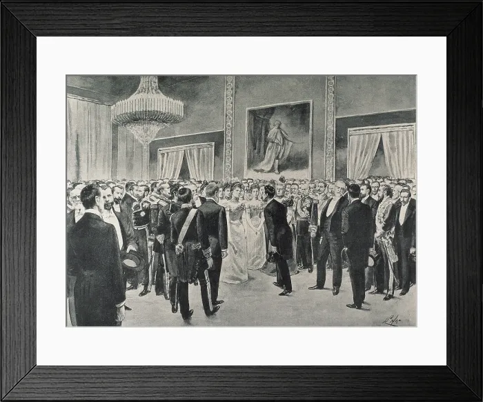 Framed Print : Spain (1900). Spanish American Social and Economic Congress. Recepction at the Royal Palace of the regent queen Maria Cristina in honour of the delegates. Drawing. - J