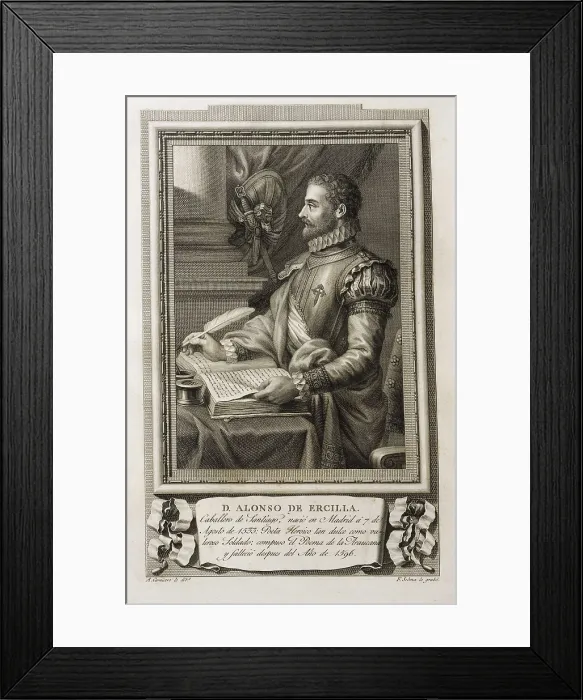 Framed Print : CARNICERO, Antonio (1748-1814); SELMA, Fernando (1752-1810). Portrait of Alonso de Ercilla y Zuniga. 1791. Drawing by Antonio Carnicero and burin engraving by Fernando Selma Framed Print : CARNICERO, Antonio (1748-1814); SELMA, Fernando (1752-1810). Portrait of Alonso de Ercilla y Zuniga. 1791. Drawing by Antonio Carnicero and burin engraving by Fernando Selma