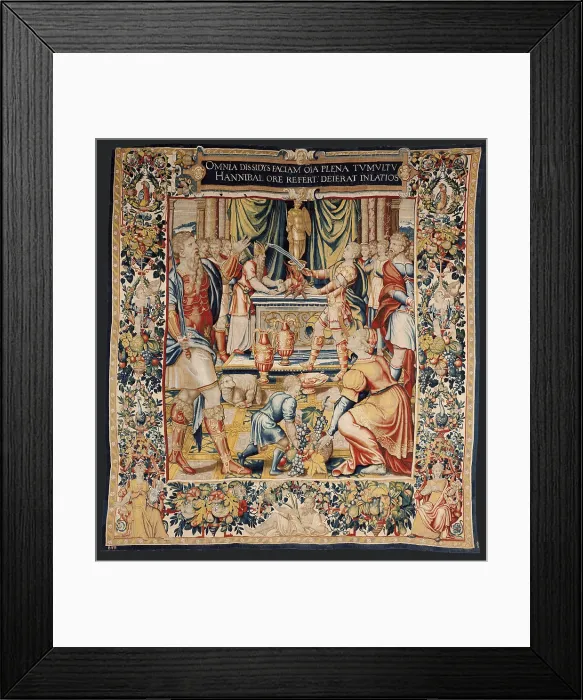 Framed Print : The History of Hannibal: Hannibal's Oath. ca. 1570. Sacrifice and oath against the Romans in front of his father Hamilcar Barca. First cloth preserved in the series
