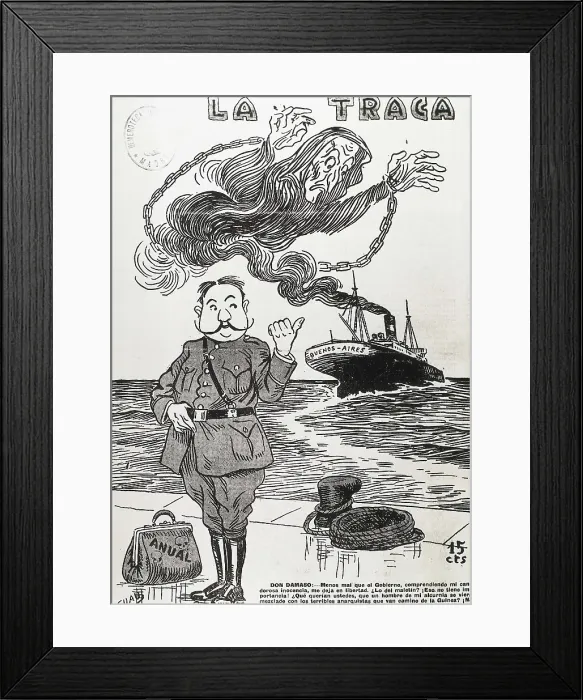 Framed Print : Spain (1921). Military Disaster of Annual. Caricature of Dmaso Berenguer, High Commissioner for Morocco, published in 'La Traca' Framed Print : Spain (1921). Military Disaster of Annual. Caricature of Dmaso Berenguer, High Commissioner for Morocco, published in 'La Traca'