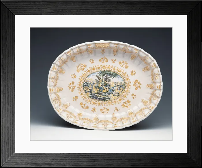 Framed Print : Fountain, Olerys series (1729). Decorated with a mythological scene. Orpheus calming the beasts with his lyre. Baroque art. Ceramics. SPAIN. Madrid